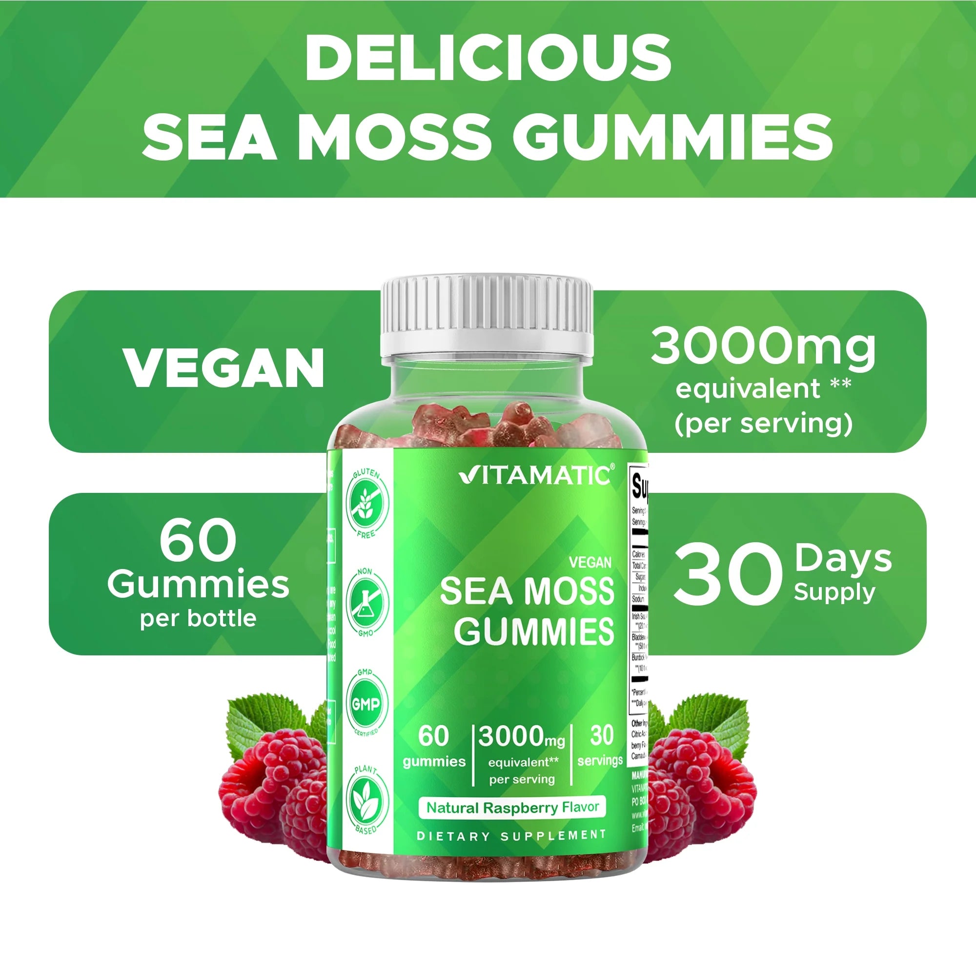 Irish Sea Moss Gummies - 3000 Mg - 60 Vegan Gummies - Made with Bladderwrack & Burdock Root - Seamoss Supplement for Thyroid, Energy, Immune Support