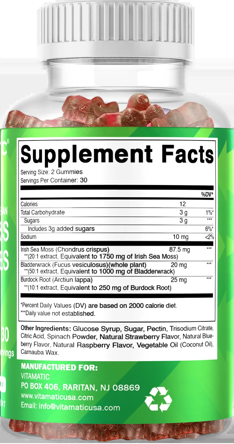 Irish Sea Moss Gummies - 3000 Mg - 60 Vegan Gummies - Made with Bladderwrack & Burdock Root - Seamoss Supplement for Thyroid, Energy, Immune Support